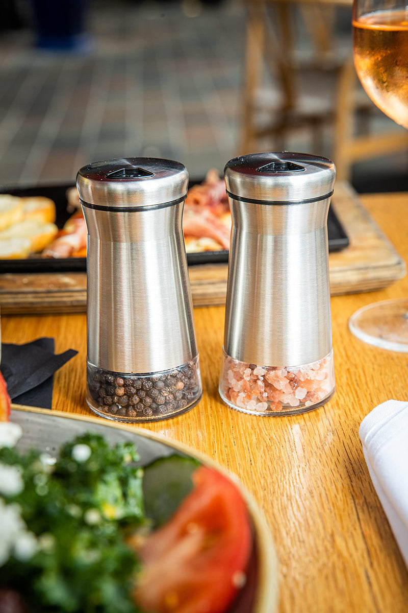 [Australia - AusPower] - HOME EC Glass Salt and Pepper Shakers Set with Adjustable Pour Holes - Stainless Steel Salt Shaker and Pepper Shaker - Farmhouse Salt and Pepper Shaker Set for Himalayan, Kosher Sea Salts & Spices Silver 