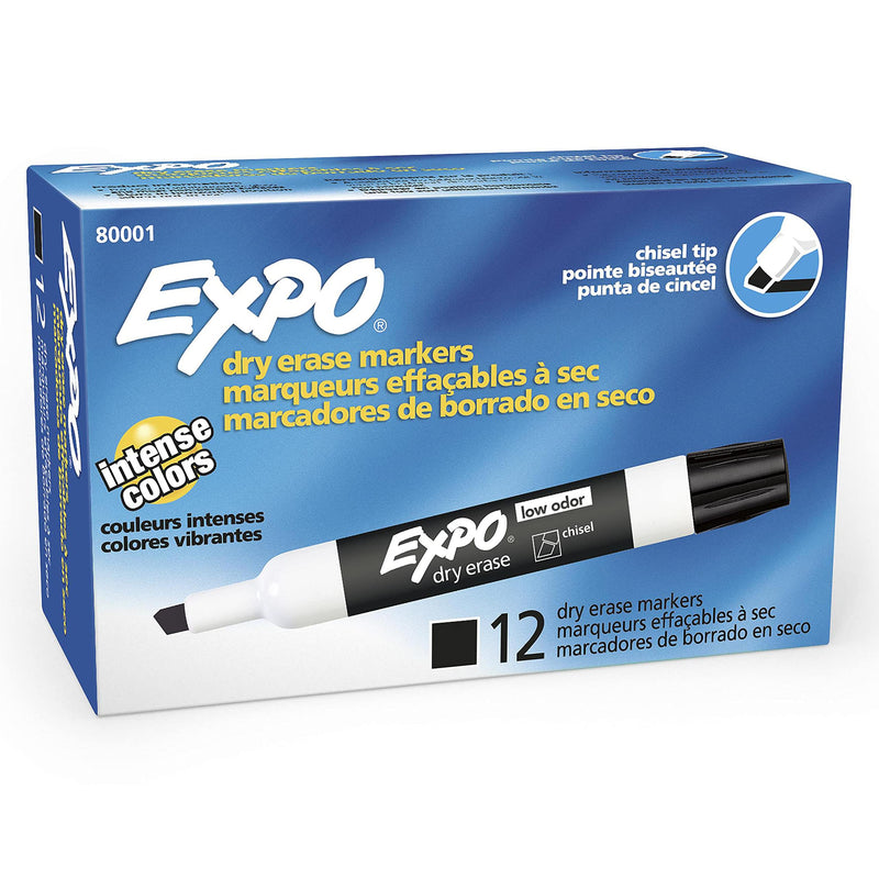 [Australia - AusPower] - Expo 80001 Low Odor Chisel Point Dry Erase Markers, Low Odor Alcohol-Based Ink, Designed for Whiteboards, Glass and Most Non-Porous Surfaces, Black, 12 Units per Box, Pack of 1 Box 