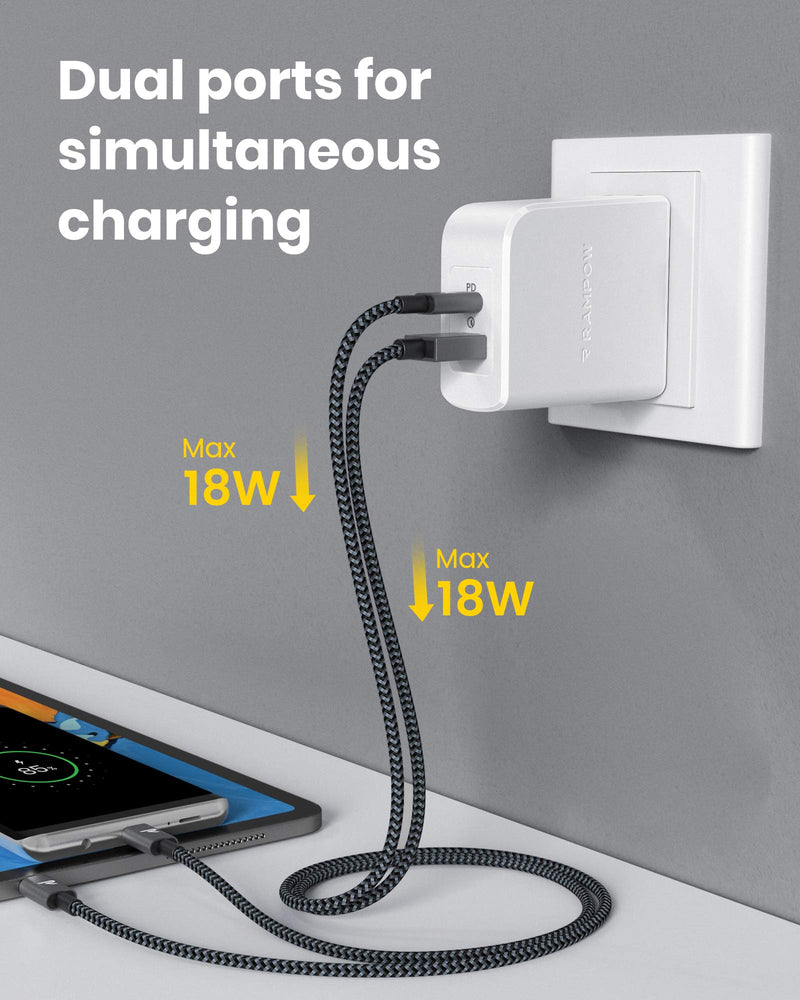 [Australia - AusPower] - USB C Charger, RAMPOW 36W 2 Port Fast PD Charger with 30W Power Delivery 3.0, Type C Wall Charger with Foldable Plug for iPad Pro, iPhone 11 Pro Max/12 Pro Max/Xs Max/8, AirPods Pro and More, White 