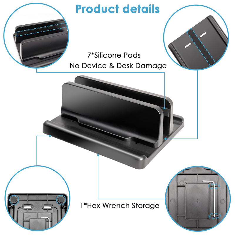 [Australia - AusPower] - JIMEJV Vertical Laptop Stand [New Version: Two More Rubber Pads & Hex Key Storable Design] ABS Plastic Adjustable Dock up to 15 inch PC Desk Space Saver for MacBook/Surface/iPad/Mini PC (Black) Black 