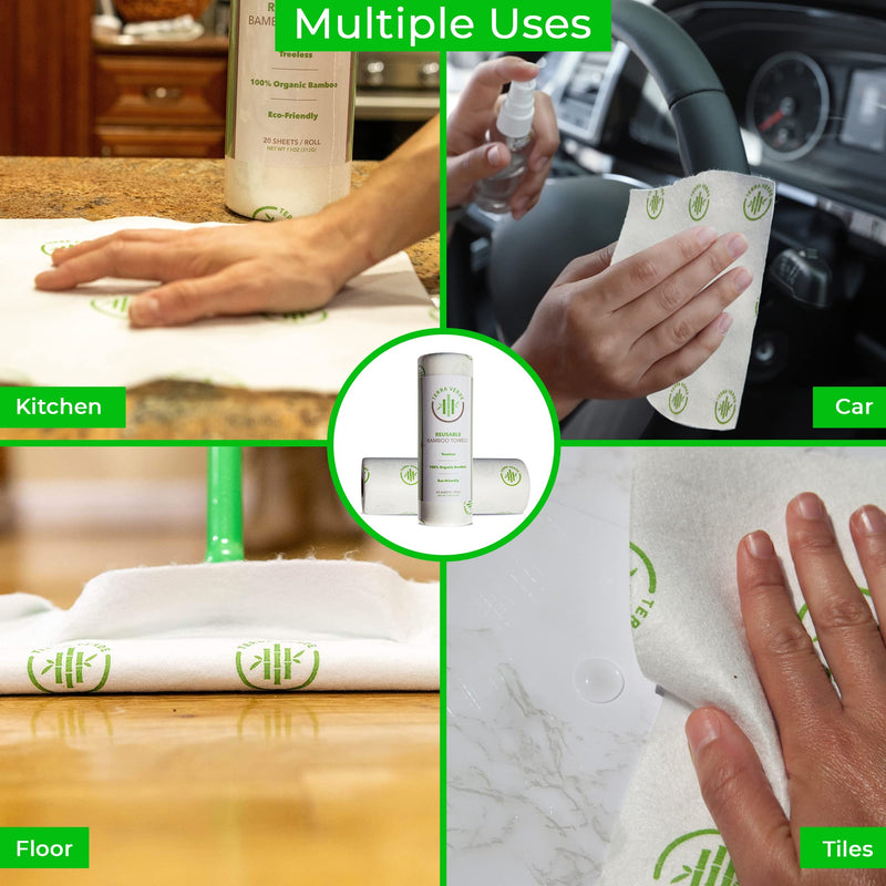 [Australia - AusPower] - Terra Verde Premium Reusable Bamboo Paper Towels – 1 Roll Eco-Friendly Paper Towels with 20 Sheets – Organic Biodegradable Cleaning Towels – Washable and Durable – Ideal for Kitchen, Travel, Car 