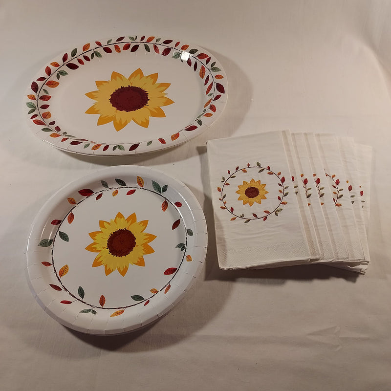 [Australia - AusPower] - Thanksgiving Fall Party Paper Disposable Plates Napkins and Platters - Service for 14 - 18 Dinner Plates 14 Folded Napkins 6 Platters - Sunflowers and Fall Leaf Wreath 