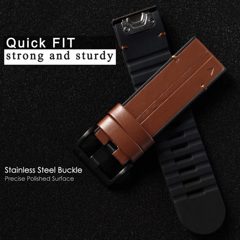 [Australia - AusPower] - Abanen for Garmin Fenix 7X / Fenix 6X / Fenix 5X Watch Band, Quick Easy Fit 26mm Soft Genuine Leather Hybrid Silicone Sweatproof Wristband Strap for Fenix 5X Plus,Tactix Delta,Fenix 3,Enduro Brown 