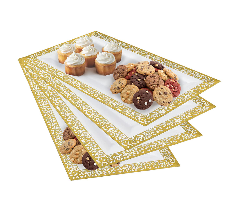 [Australia - AusPower] - Yumchikel-Decorative Plastic Serving Tray & Platter Set (4pk) - Gold & White Disposable Party Trays & Platters for Food - Weddings, Upscale Parties, Dessert Table, Cupcake display - 14x7.5 inches 