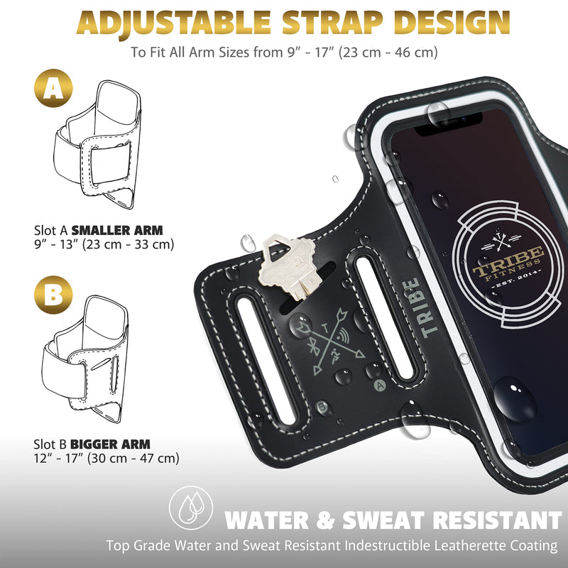 [Australia - AusPower] - TRIBE Water Resistant Cell Phone Armband Case Running Holder for iPhone Pro Max Plus Mini SE (13/12/11/X/XS/XR/8/7/6/5) Galaxy S Ultra Plus Edge Note (21/20/10/9/8/7/6/5) Adjustable Strap & Key Pocket Black/Grey 