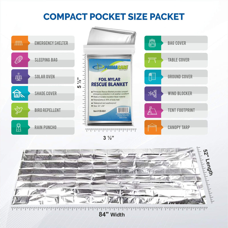 [Australia - AusPower] - Primacare HB-10 Emergency Foil Mylar Thermal Blanket (Pack of 10), 52" Length x 84" Width, Silver 
