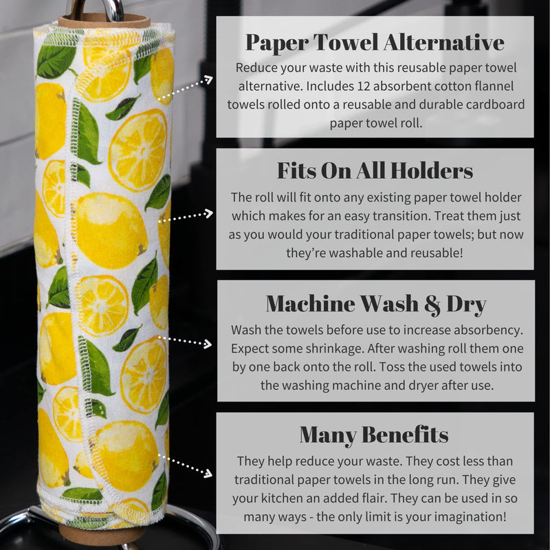 [Australia - AusPower] - The Useless Brand Reusable Paper Towels Roll | 12 Eco Friendly Washable Cotton Flannel Towels w/ Cardboard Roll | Zero Waste & Sustainable | Fits on All Holders (Lemons, 12 Towels) 
