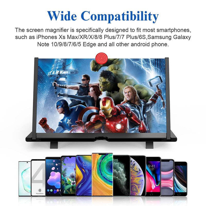 [Australia - AusPower] - 12" Screen Magnifier –3D HD Mobile Phone Magnifier Projector Screen for Movies, Videos, and Gaming–Foldable Phone Stand with Screen Amplifier–Supports All Smartphones(Black) Black-12Inch 