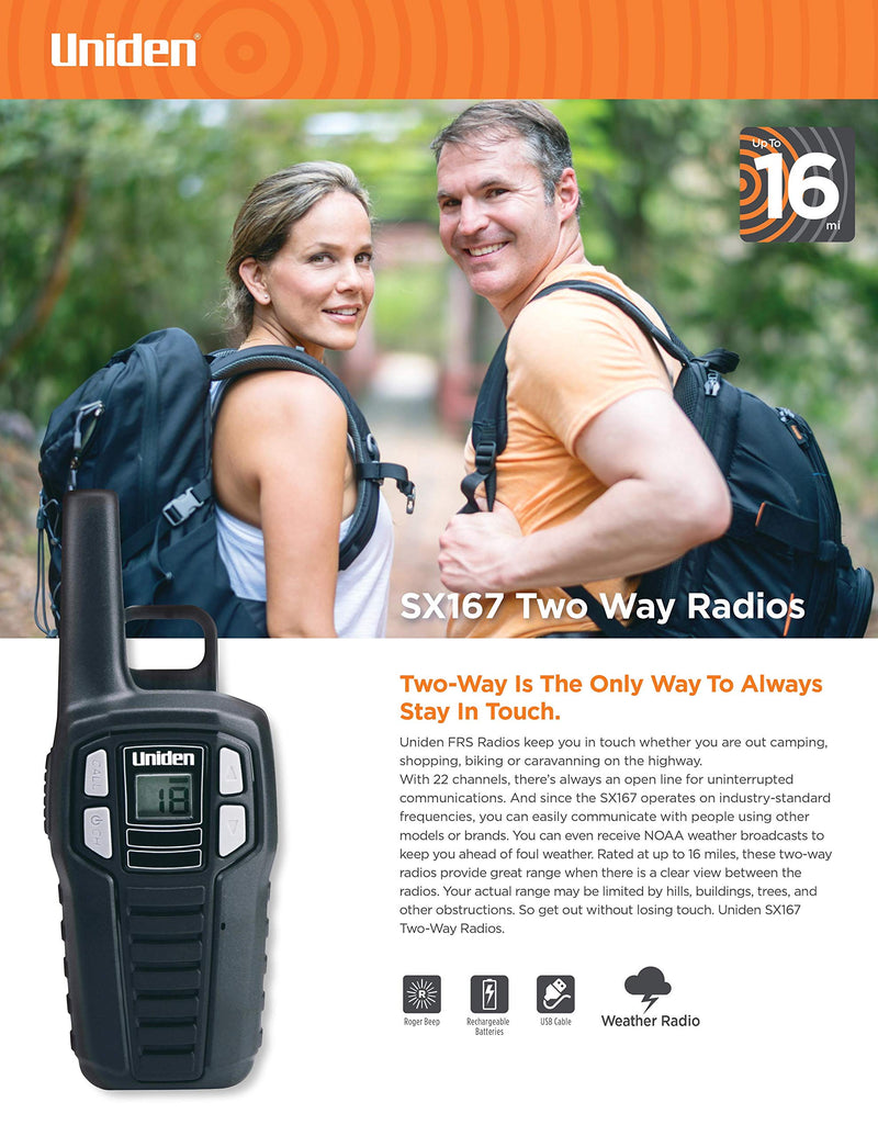 [Australia - AusPower] - Uniden SX167-2C Up to 16 Mile Range Two-Way Radio Walkie Talkies, Rechargeable Batteries with Convenient Charging Cable, NOAA Weather Channels, Roger Beep, 2-Pack Black Color 