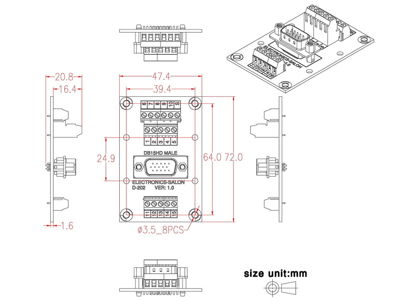 [Australia - AusPower] - Electronics-Salon D-SUB DB15HD Male Header Breakout Board, Terminal Block, Connector. 