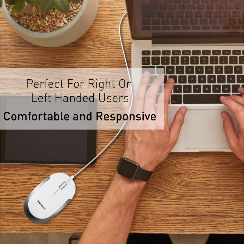[Australia - AusPower] - Macally Silent Wired Mouse - Slim & Compact USB Mouse for Laptop/Desktop Windows PC or Apple Mac - Designed with Optical Sensor & DPI Switch - Simple & Comfortable Wired Computer Mouse (White) White with Silver Trim 