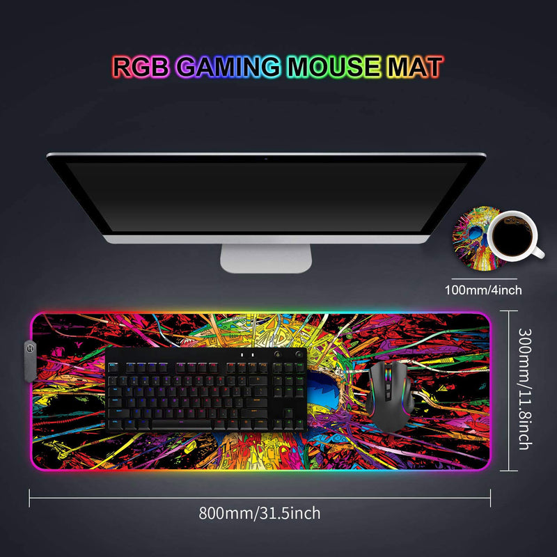 [Australia - AusPower] - Luasao RGB Gaming Mouse Pad with Coffee Coaster, Color Skull Design XXL Large Glowing LED Mousepad, Anti-Slip Rubber Base, Computer Keyboard Desk Mouse Mat 31.5 X 11.8 Inch 
