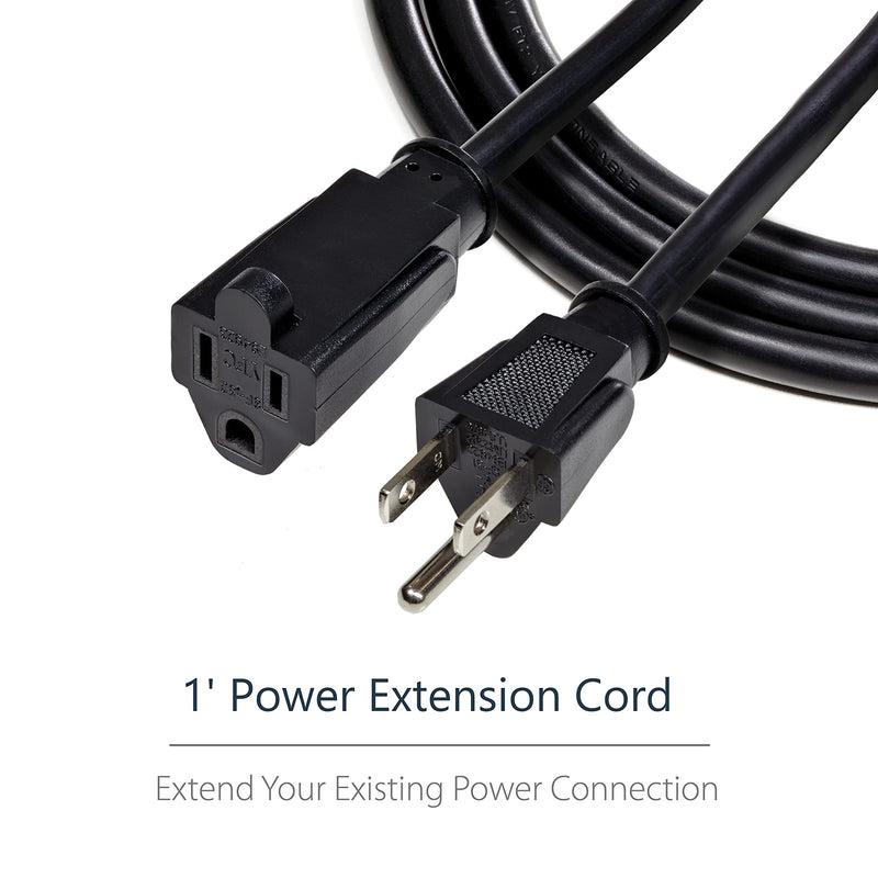 [Australia - AusPower] - StarTech.com 1 ft. (0.3 m) Short Extension Cord - 125V at 13A, NEMA 5-15R to NEMA 5-15P - Power Extension Cord - Black - Extension Cable (PAC101) 1 ft/0.3 m 