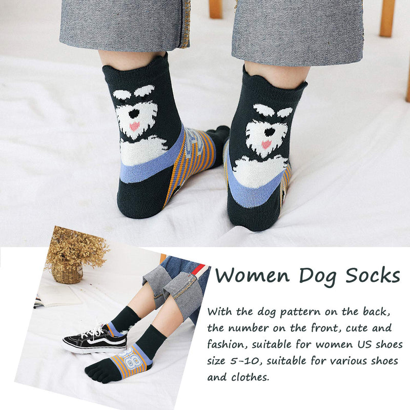 [Australia - AusPower] - Women's Toe Sock Cute Cat Dog Ankle Sock Cotton Athletic Running Five Finger Socks for Girls (5 Pairs) Multicolored 3 6-10 