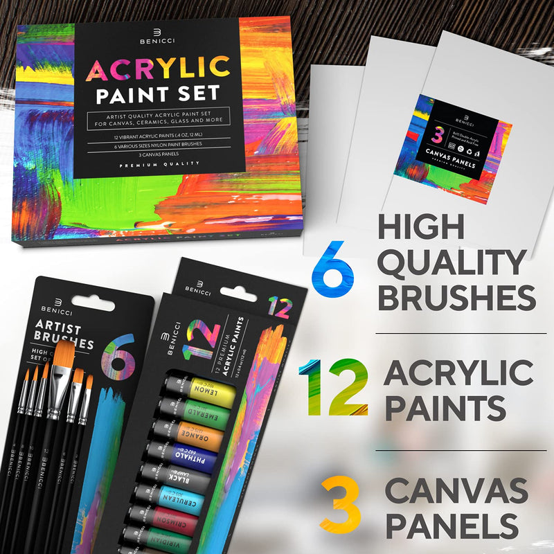 [Australia - AusPower] - Acrylic Paint Set for Kids, Artists and Adults - 12 Vibrant Colors, 6 Brushes and 3 Paint Canvases - Perfect for Beginners or Professionals 
