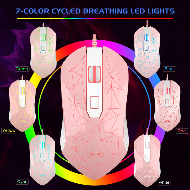 [Australia - AusPower] - MageGee G6 Wired Gaming Mouse, Ergonomic USB Optical Mouse with 7 Colors Breathing LED Backlit, 6 Adjustable DPI Levels from 600 to 3200 for Laptop PC Computer Games & Work, Pink 