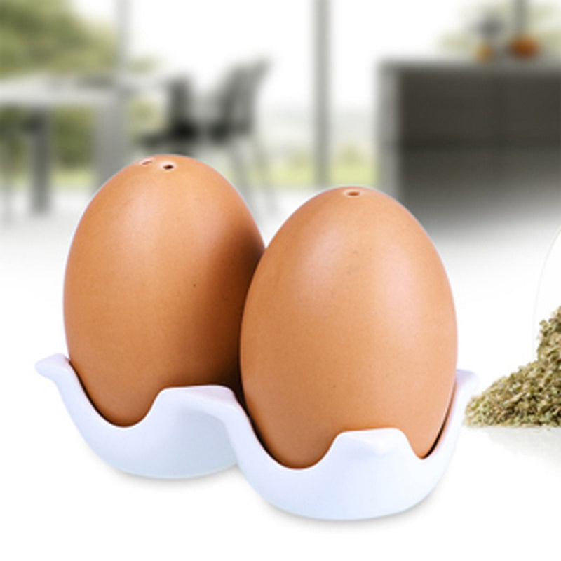 [Australia - AusPower] - MyGift Ceramic Salt and Pepper Shaker Set, Mini Brown Egg Shaped Shakers with Carton Design Holding Stand, 3 Piece 