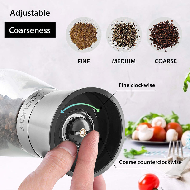 [Australia - AusPower] - Cacuco Salt and Pepper Grinder Set ,Adjustable Ceramic & Stainless Steel Mill Set, Glass Body Refillable Mill Shakers - Easy Clean Ceramic Grinders with BONUS Stainless Steel Spoon and Cleaning Brush 