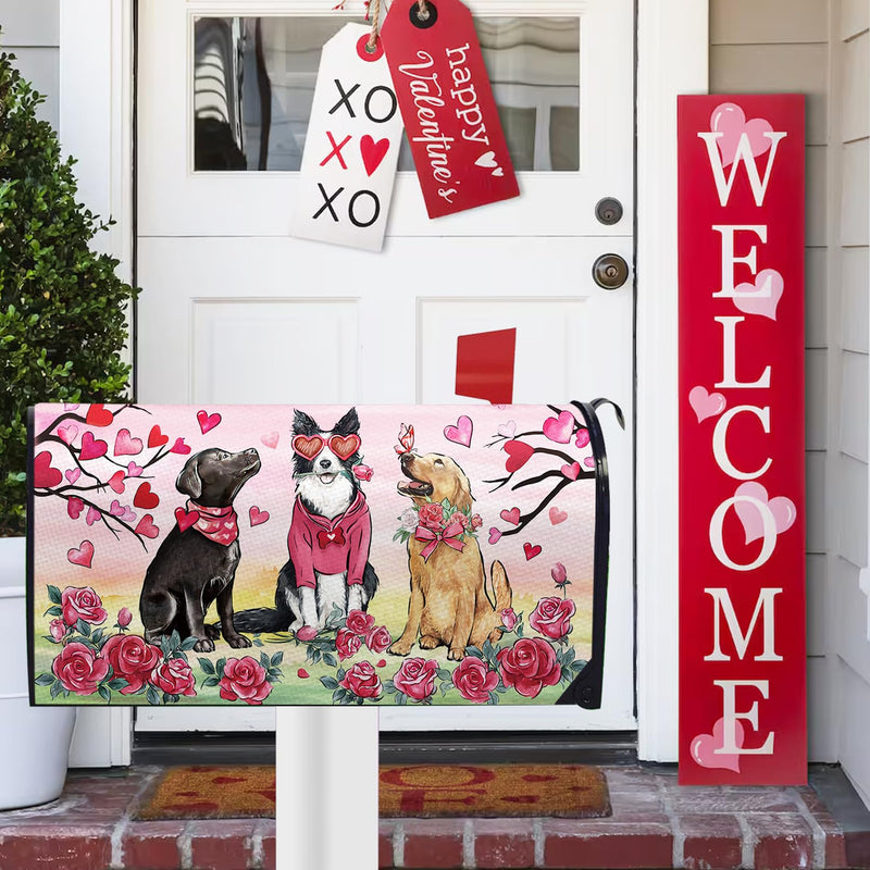 [Australia - AusPower] - FBCOO Valentine's Day Pink Mailbox Cover Magnetic Standard Size 21"x19", Golden Retriever Dog Love Tree Decorative Post Letter Box Wrap Decor, Rose Anniversary Wedding Garden Yard Outdoor Decoration 