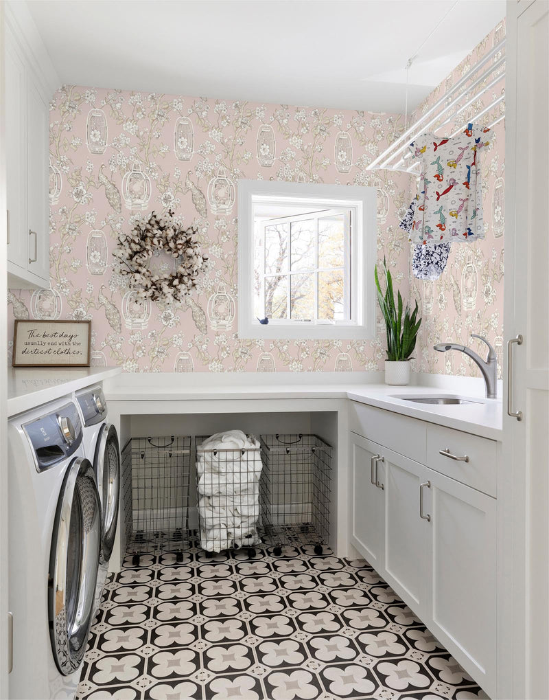 [Australia - AusPower] - Feisoon Pink Wallpaper Brown Bird Contact Paper Flower Peel and Stick Wallpaper Self Adhesive Wallpaper Birdcage Wallpaper Waterproof Removable Wallpaper for Cabinet Bedroom Laundry Decor 16.14â€x78.7 16.14"x78.7" 
