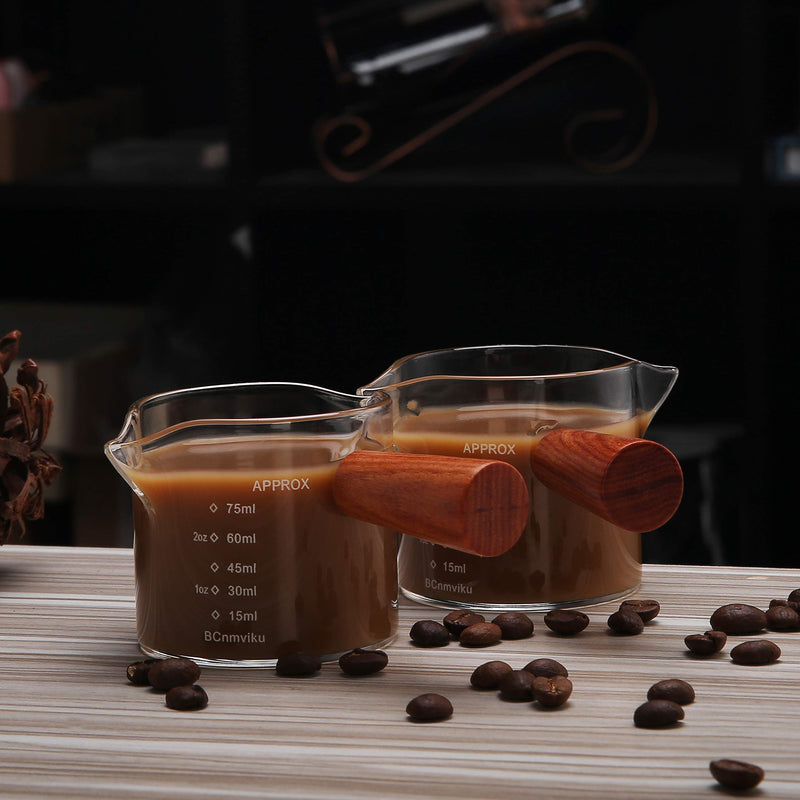 [Australia - AusPower] - 1 Pack Double Spouts Measuring Triple Pitcher Milk Cup with Wood Handle 75ML Espresso Shot Glasses Parts Clear Glass By BCnmviku 1 