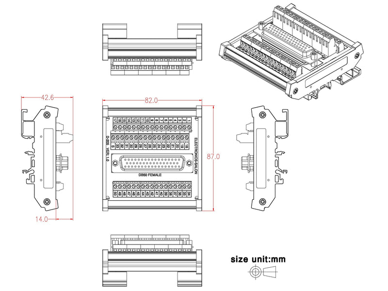 [Australia - AusPower] - Electronics-Salon D-SUB DB50 Female DIN Rail Mount Interface Module, Breakout Board. 