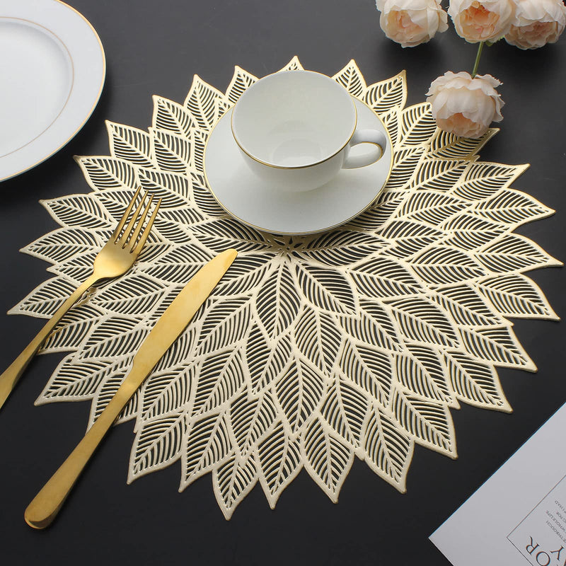 [Australia - AusPower] - Mabbcoo Placemats Set of 6, Round Hollow Out Flowers Place Mats for Dining Table Pressed Vinyl Blooming Leaf Table Mats for Holiday Party Wedding Accent Centerpiece Dinner Table Decoration (Gold) Gold 