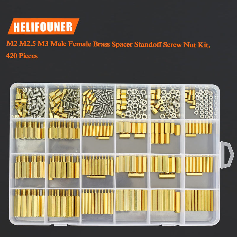 [Australia - AusPower] - HELIFOUNER 420 Pieces M2 M2.5 M3 Male Female Hex Brass Spacers Standoffs Screws Nuts Assortment Kit with a Tweezers M2 M2.5 M3 Brass Standoff Kit 