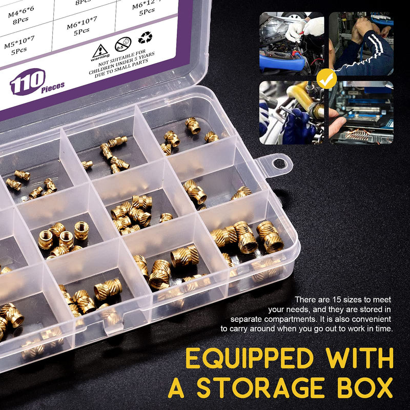 [Australia - AusPower] - Swpeet 110Pcs 5 Values M2 M3 M4 M5 M6 Female Thread Knurled Nuts Brass Threaded Insert Embedment Nuts Hydraulic Welded Joint Injection Molding Assortment Kit Perfect for 3D Printing Injection Molding 