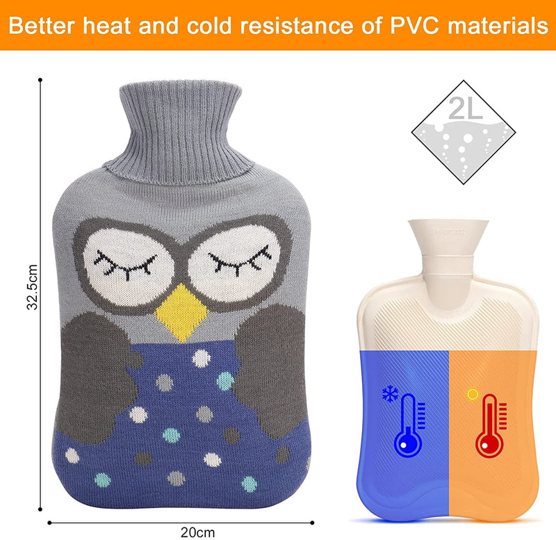 [Australia - AusPower] - OliviaLiving Hot Water Bag Hot Water Bottle 2 Liter Heat Up and Refreezable Hot Cold Pack with Knit Cover for Pain Relief Hot Cold Therapy, Cartoon Owl Gray 