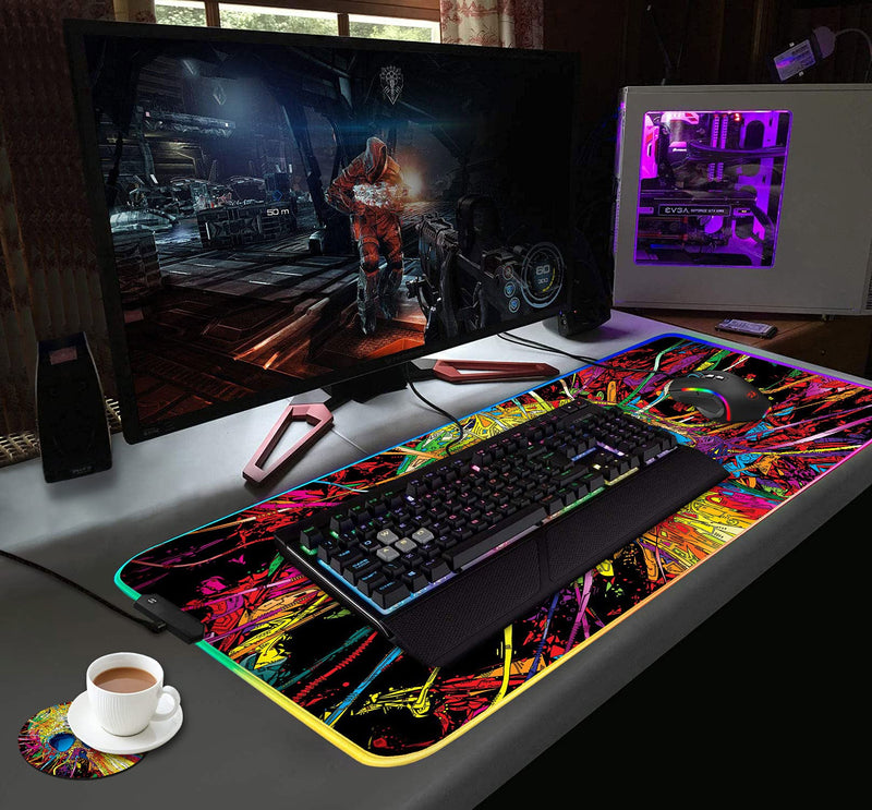 [Australia - AusPower] - Luasao RGB Gaming Mouse Pad with Coffee Coaster, Color Skull Design XXL Large Glowing LED Mousepad, Anti-Slip Rubber Base, Computer Keyboard Desk Mouse Mat 31.5 X 11.8 Inch 