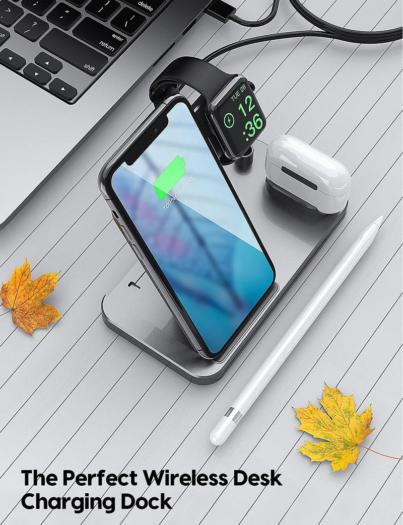 [Australia - AusPower] - 4 in 1 Wireless Charging Station,2021 Upgraded Fast Charging Dock Stand for iWatch Series 7/6/SE/5/4/3/2, AirPods & Pencil, Compatible with iPhone13/12Pro/11/XS/XR/8/Samsung(Silver) Silver 