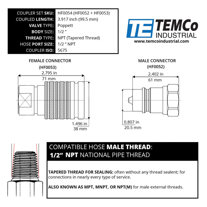 [Australia - AusPower] - TEMCo 1/2" Female NPT Thread 1/2" Body Pair Hydraulic Coupler ISO 5675 Poppet Valve Quick Connect for Tractors and Ag Equipment Fits Pioneer Parker Format - HF0054 (HF0052 + HF0053) 