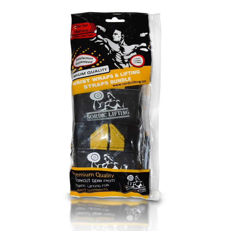 [Australia - AusPower] - Wrist Wraps + Lifting Straps Bundle (2 Pairs) for Weightlifting, Cross Training, Workout, Gym, Powerlifting, Bodybuilding - Support for Men/Women, Avoid Injury During Weight Lifting Black/Yellow 