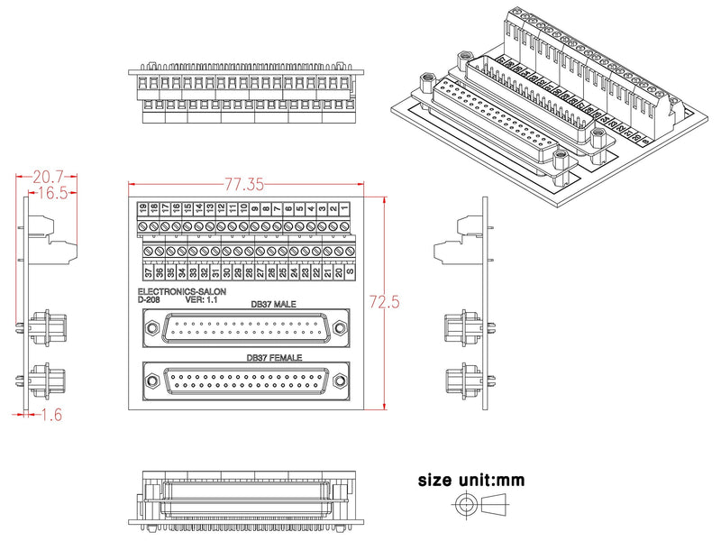 [Australia - AusPower] - Electronics-Salon D-SUB DB37 Male/Female Header Breakout Board, DSUB Terminal Block Connector. 