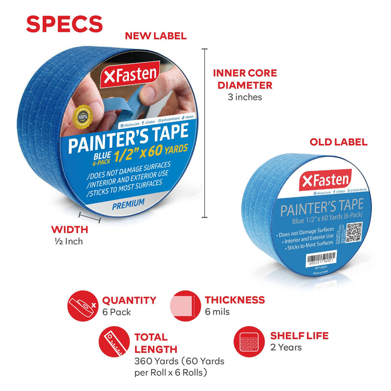 [Australia - AusPower] - XFasten Professional Blue Painters Tape, Multi-Use, 1/2-Inch by 60-Yard, Pack of 6, Blue Tape Bulk - Sharp Edge Line Technology, Produces Sharp Lines | Residue-Free and Artisan Grade Wall Trim Tape 1/2 Inch x 60 Yards (6-Pack) 