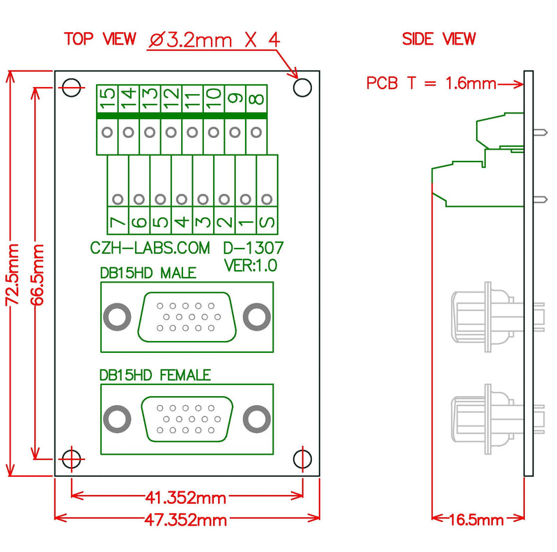 [Australia - AusPower] - CZH-LABS DIN Rail Mount DSUB DB15HD Male/Female Header Interface Module, D-SUB Breakout Board. 
