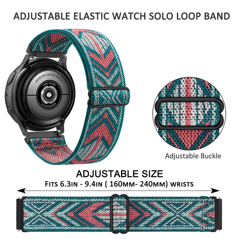 [Australia - AusPower] - 3 Pack Elastic Bands Compatible with Samsung Galaxy Watch 4 44mm 40mm, Samsung Galaxy Watch 4 Classic 46mm 42mm, 20mm Adjustable Elastic Nylon Sport Stretchy Wristband for Women Men Black+Leopard+Boho Green 