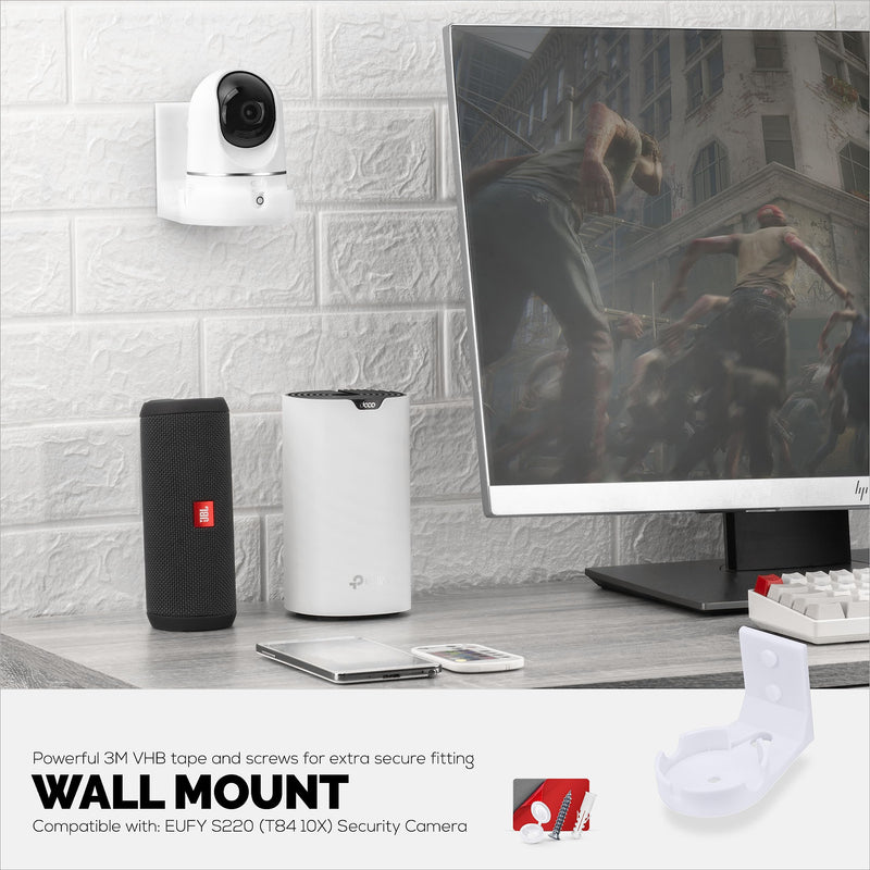 [Australia - AusPower] - Wall Mount Compatible for Eufy S220 Indoor Camera (T84 10X), Adhesive Security Camera Holder Bracket, Reduce Blind Spots & Clutter, Adhesive & Screw-in Mounting - Easy to Install (White) 