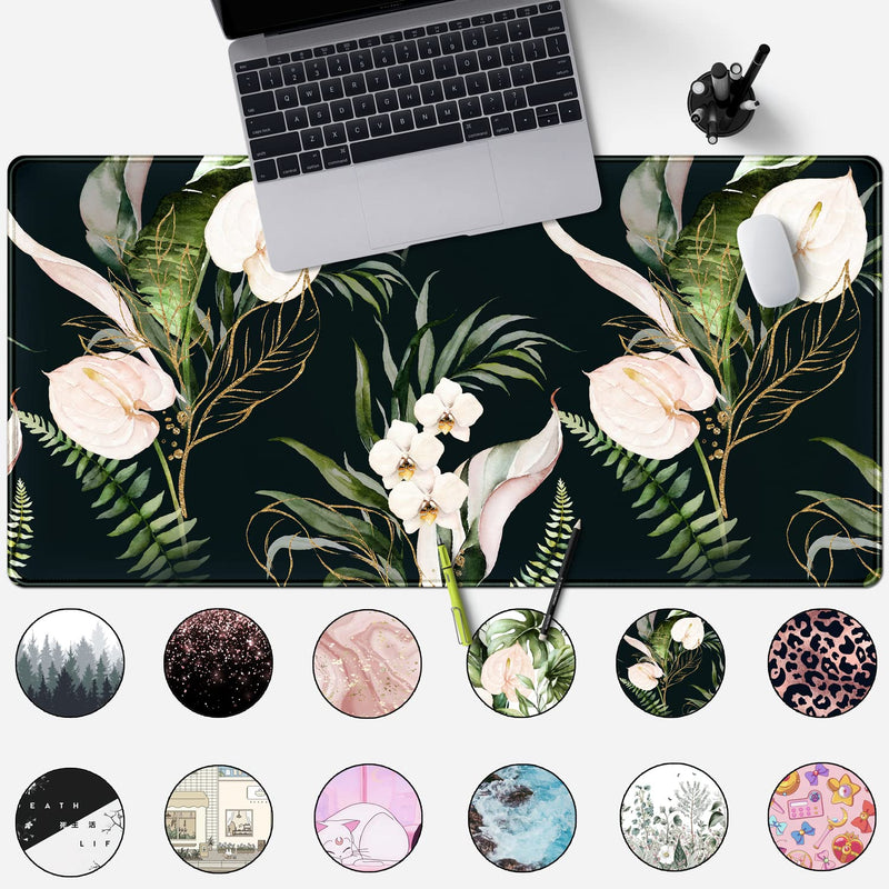 [Australia - AusPower] - Desk Mat Black and Gold White Rose Flowers Decor Large Keyboard Mouse Pad for Laptop Pc Setup Desk Cover Protector Desk DéCor for Office Home Work Gaming 31.5" X 15.7" Stitched Edge Non-Slip Design A Blue black 