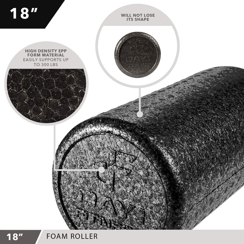 [Australia - AusPower] - Day 1 Fitness High-Density Round Foam Rollers - 4 Size and 8 Color Options - Massage Rollers for Stretching, Deep Tissue and Myofascial Release Black b) 18" 