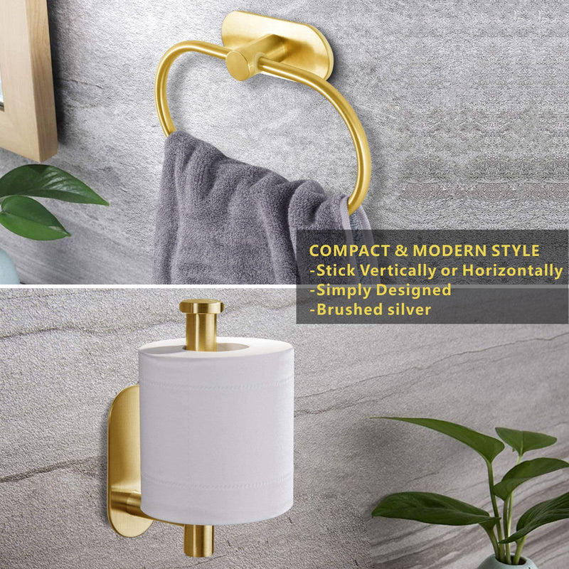[Australia - AusPower] - Toilet Paper Holder/Towel Ring Self Adhesive, Eolax No Drilling Gold Bathroom Hardware Accessories, Stainless Steel Sticky Toilet Roll Hanger and Hand Towel Holder, Wall Mounted, 2 Pieces 
