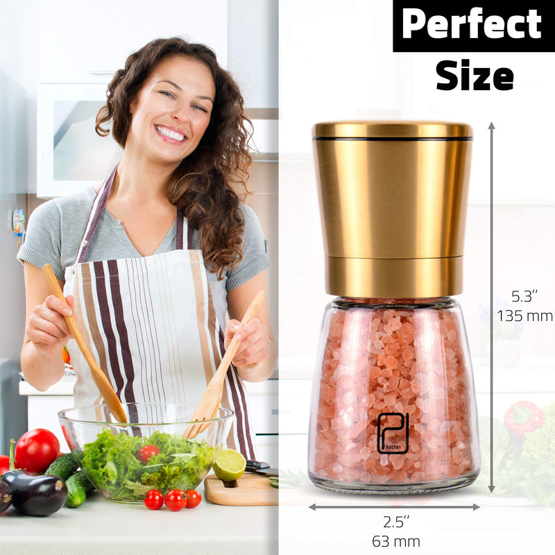[Australia - AusPower] - Gold Salt and Pepper Grinder Set - Golden Salt and Pepper Shaker Mill - Brass Pepper Grinders Refillable - Adjustable Coarseness - Sea Salt, Black Peppercorn 