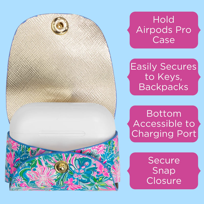 [Australia - AusPower] - Lilly Pulitzer Blue Leatherette AirPods Pro Holder, Cute Keychain Case with Access to Charging Port, Golden Hour 