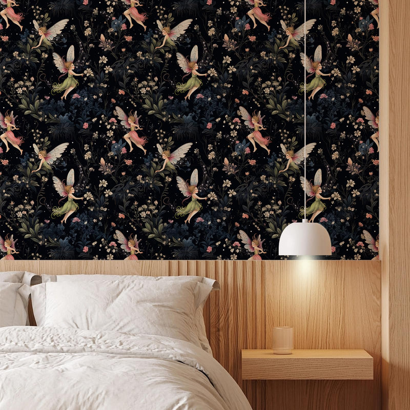 [Australia - AusPower] - Floral Wallpaper Fairy Girls Flying Night Sky Wallpaper Leaves Floral Peel and Stick Wallpaper Mural Removable Prepasted Floral Contact Paper for Cabinets Shelves Drawer Nursery Kids 17.71''x118.1'' 17.71â€x118.1â€ 