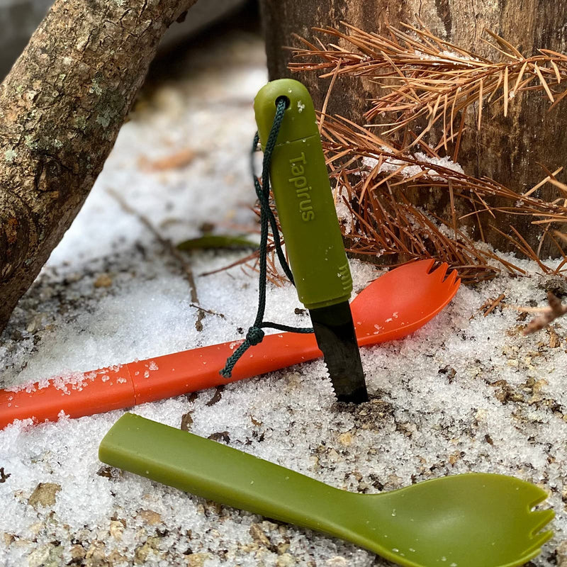 [Australia - AusPower] - Tapirus Spork Tactical Green | BPA Free Spoon Fork, Stainless Steel Knife and Fire Starter | 3 in 1 multipurpose utensil | Take it hiking, camping or backpacking | Carrying case for outdoor activities 