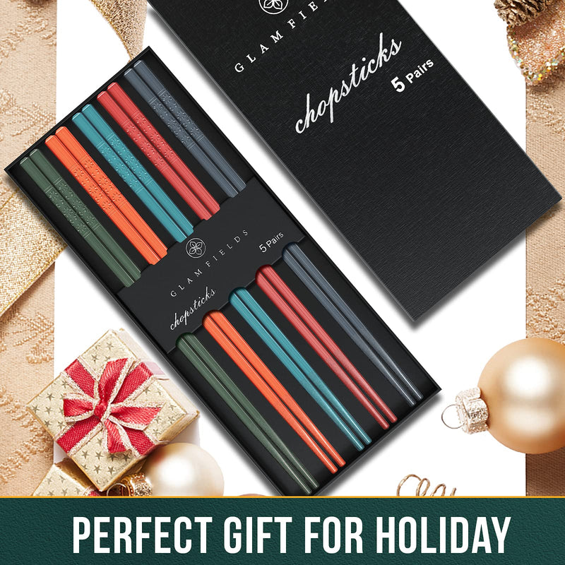 [Australia - AusPower] - Chopsticks, GLAMFIELDS 5 Pairs Premium Reusable Multicolour Chopsticks for Sushi Japanese Matte Anti-slip Chop Sticks with Gift Case Lightweight Dishwasher Safe, 9.6 Inch Multicolor 