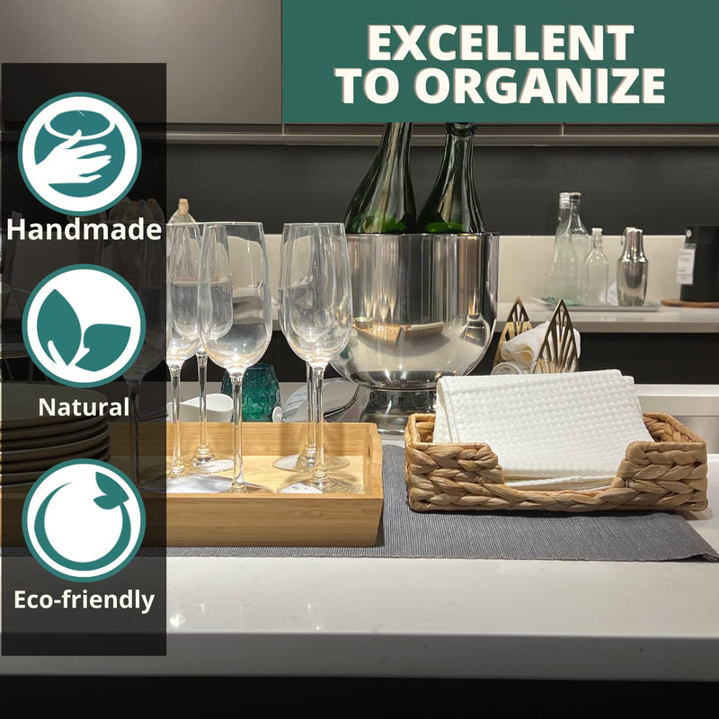[Australia - AusPower] - Eneocare Flat Napkin Holder with Farmhouse Napkin Rings Set of 6 | Wicker Boho Napkin Rings and Woven Guest Towel Holder Tray for Bathroom, Cocktail, Restaurant, Dining (Water Hyacinth, Rectangle) Water Hyacinth 