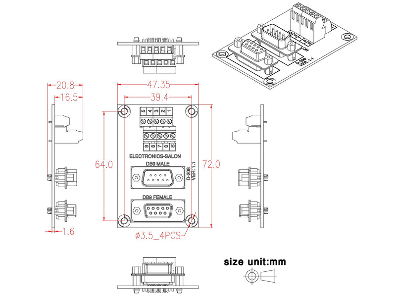 [Australia - AusPower] - Electronics-Salon D-SUB DB9 Male/Female Header Breakout Board, DSUB Terminal Block Connector. 