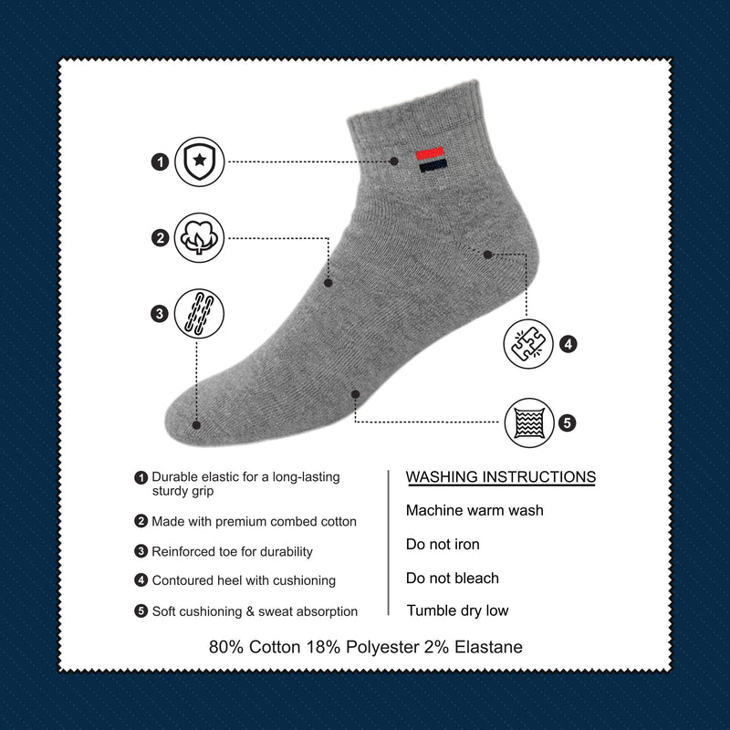 [Australia - AusPower] - NAVYSPORT Men's Solid Cushion Comfort Athletic Quarter Socks for Running, Training, Casual Wear Pack of 6 7-12 White (3 Pairs), Black (3 Pairs) 